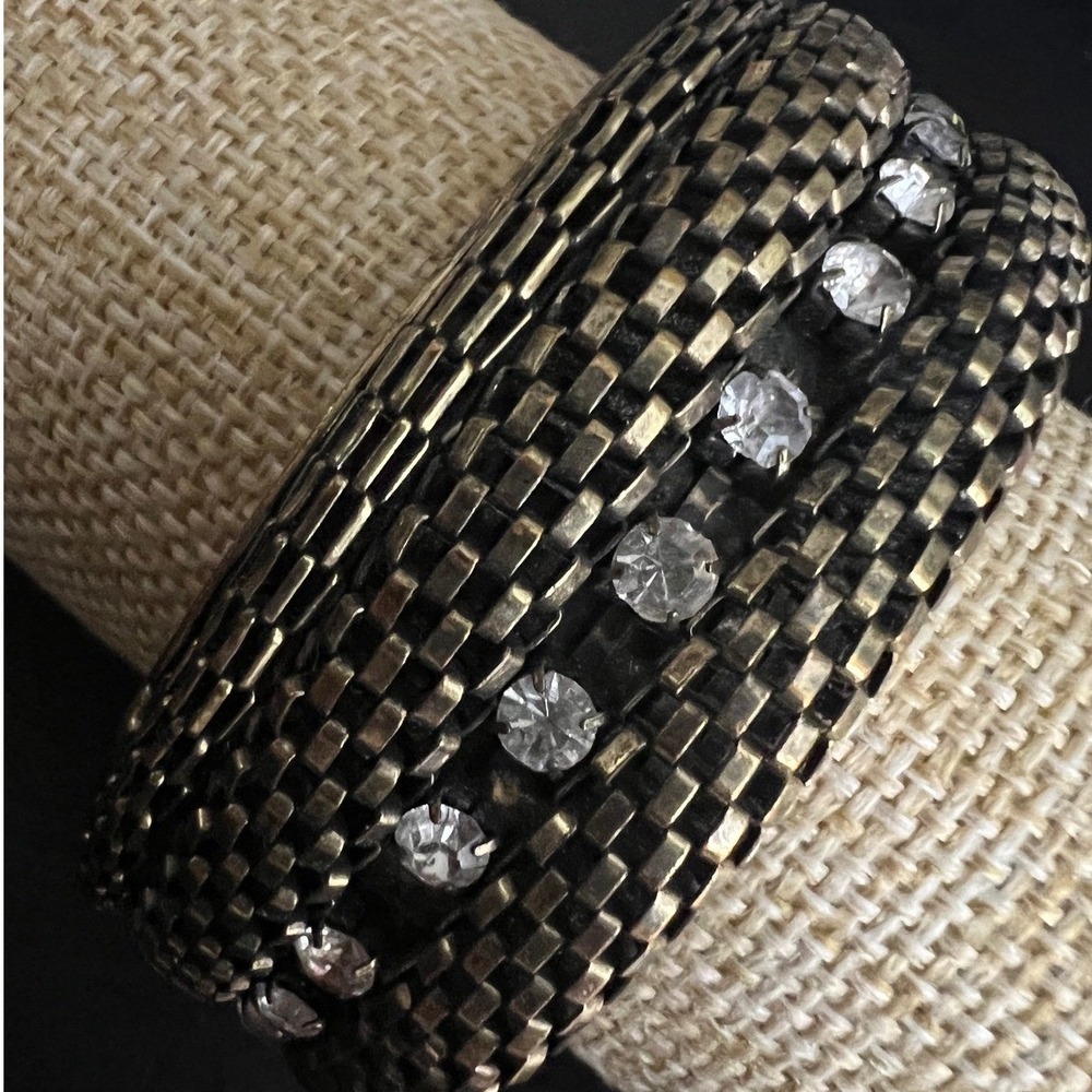 Antiqued Brass Tone Mesh Rhinestone Bangle Bracelet 8 Chunky Steampunk Steampunk